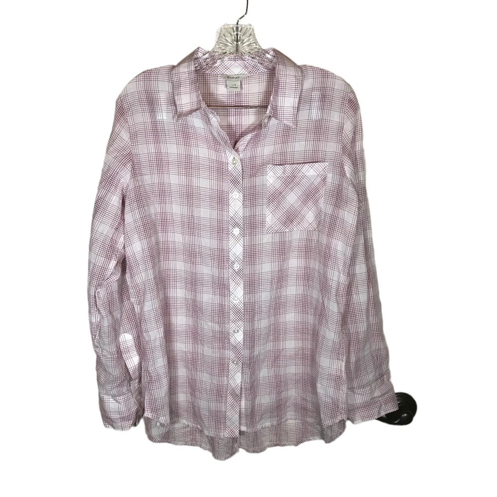 Ariat women’s long sleeve button front blouse pink plaid size L roll tab sleeves